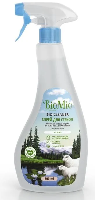 BioMio Bio-Glass Cleaner Экологичное чистящее средство для стекол, зеркал и пластика с экстрактом хлопка без запаха 500 мл с распылителем