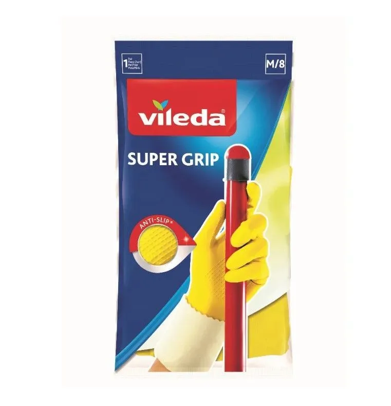 Vileda Super Grip Резиновые перчатки хозяйсвтенные универсальные с рельефным профилел и внутренним хлопковым напылением Размер 8 M Средний