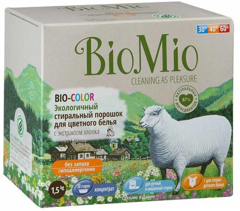 BioMio Bio-color Концентрированный гипоаллергенный экологичный стиральный порошок с экстрактом хлопока для цветного белья без запаха 1,5 кг