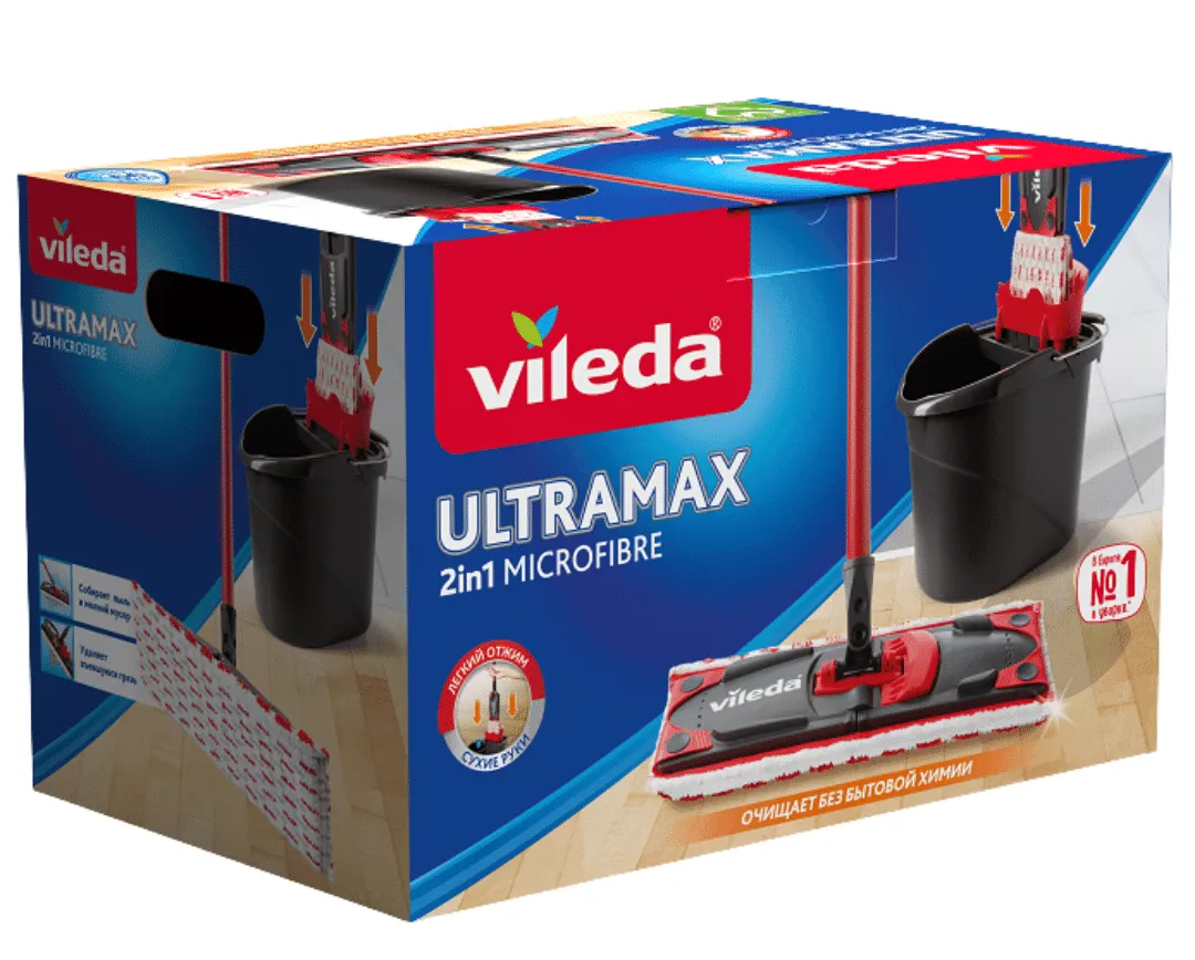 Vileda Ultramax Набор для уборки Швабра со сборной ручкой с насадкой из микрофибры + Ведро с отжимом 12 л