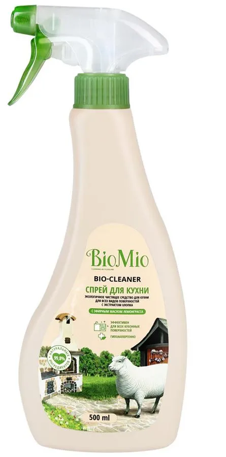 BioMio Bio-Kitchen Cleaner Экологичное чистящее средство для кухни с экстрактом хлопка и ионами серебра с эфирным маслом лемонграсса 500 мл с распылителем