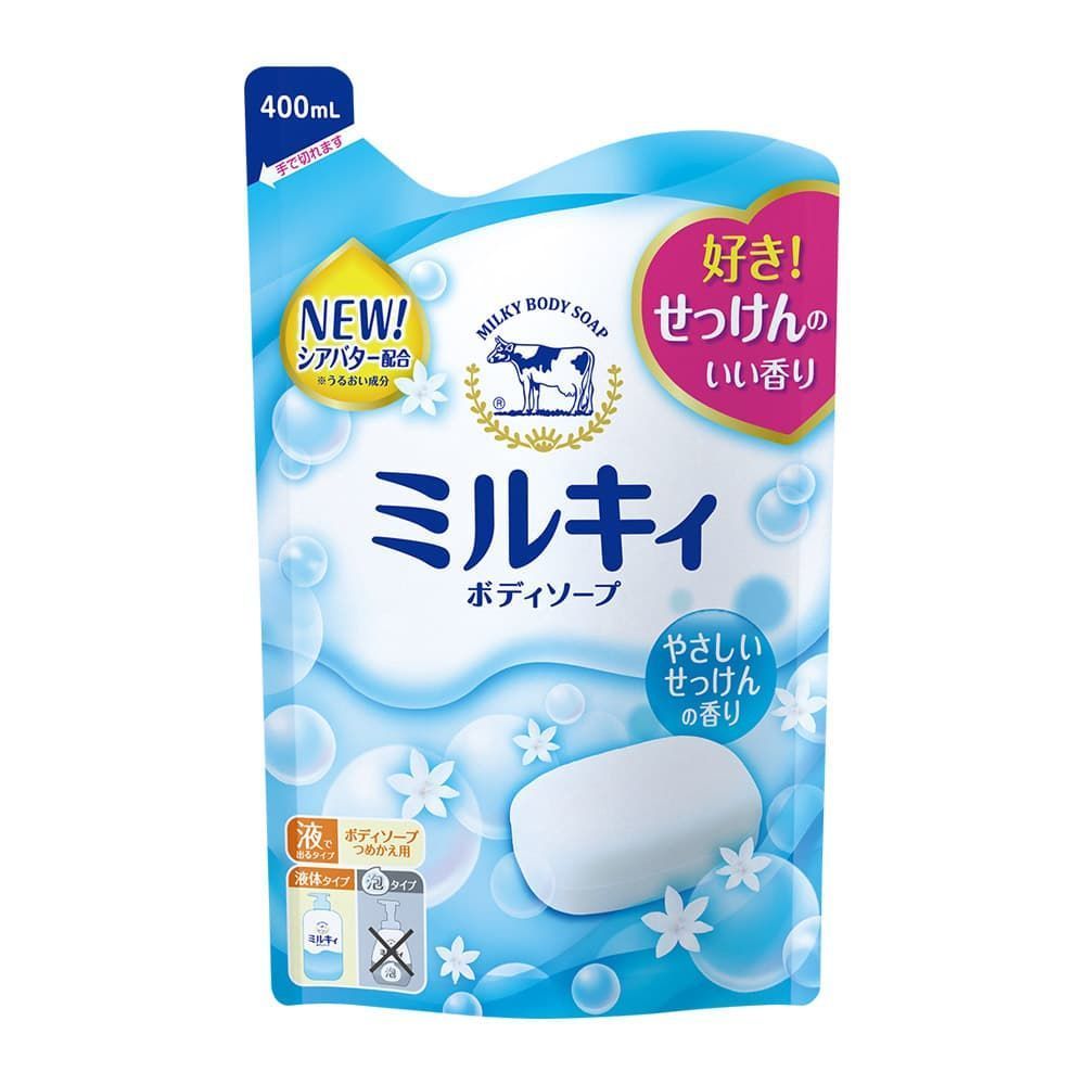 Cow Brand Milky body soap Жидкое мыло для тела с керамидами и молочными протеинами аромат цветочного мыла 400 мл запасной блок