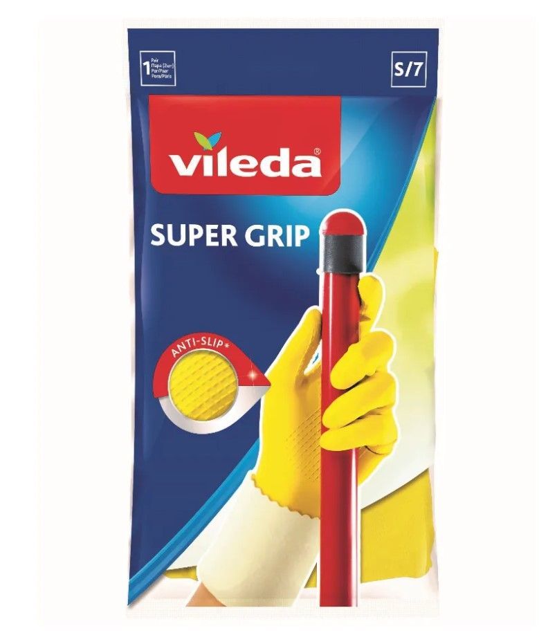 Vileda Super Grip Резиновые перчатки хозяйсвтенные универсальные с рельефным профилел и внутренним хлопковым напылением Размер 7 S Маленький