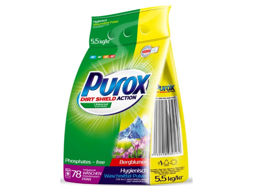 Clovin Purox Hygienisch Waschmittel Dirt Shield Action Universal Bergblumen Дезинфицирующий стиральный порошок бесфофатный универсальный Горные цветы 5,5 кг на 78 стирок