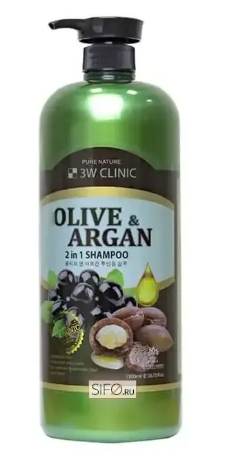 3W Clinic Olive & Argan 2 in 1 Shampoo Шампунь для поврежденных волос с оливковым и аргановым маслами 1500 мл